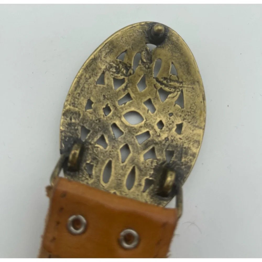 Leather Belt Brass Buckle Western Style Scroll Design Boho Tan